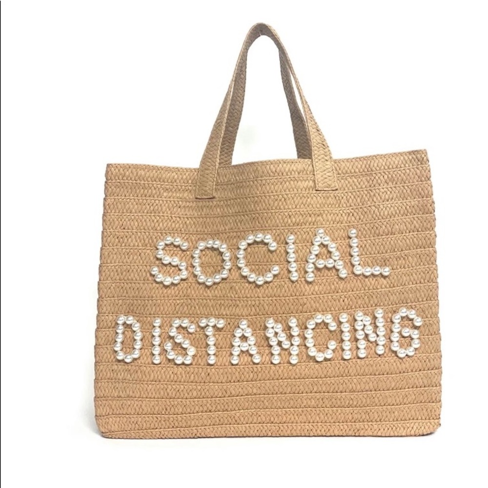 B2B LA Straw Tote Social Distancing w/ pearl lettering beach bag SOLD OUT